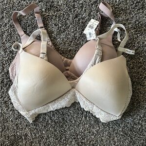Lace Trim Padded Bras - Cream and Tan